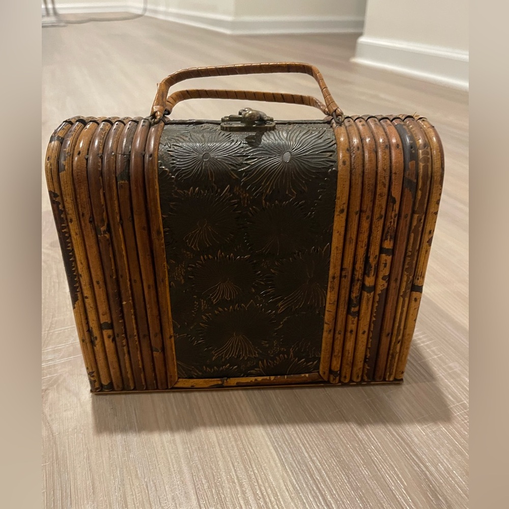 Small Bamboo Wooden Embossed Floral Brown Clutch Bag Purse boho